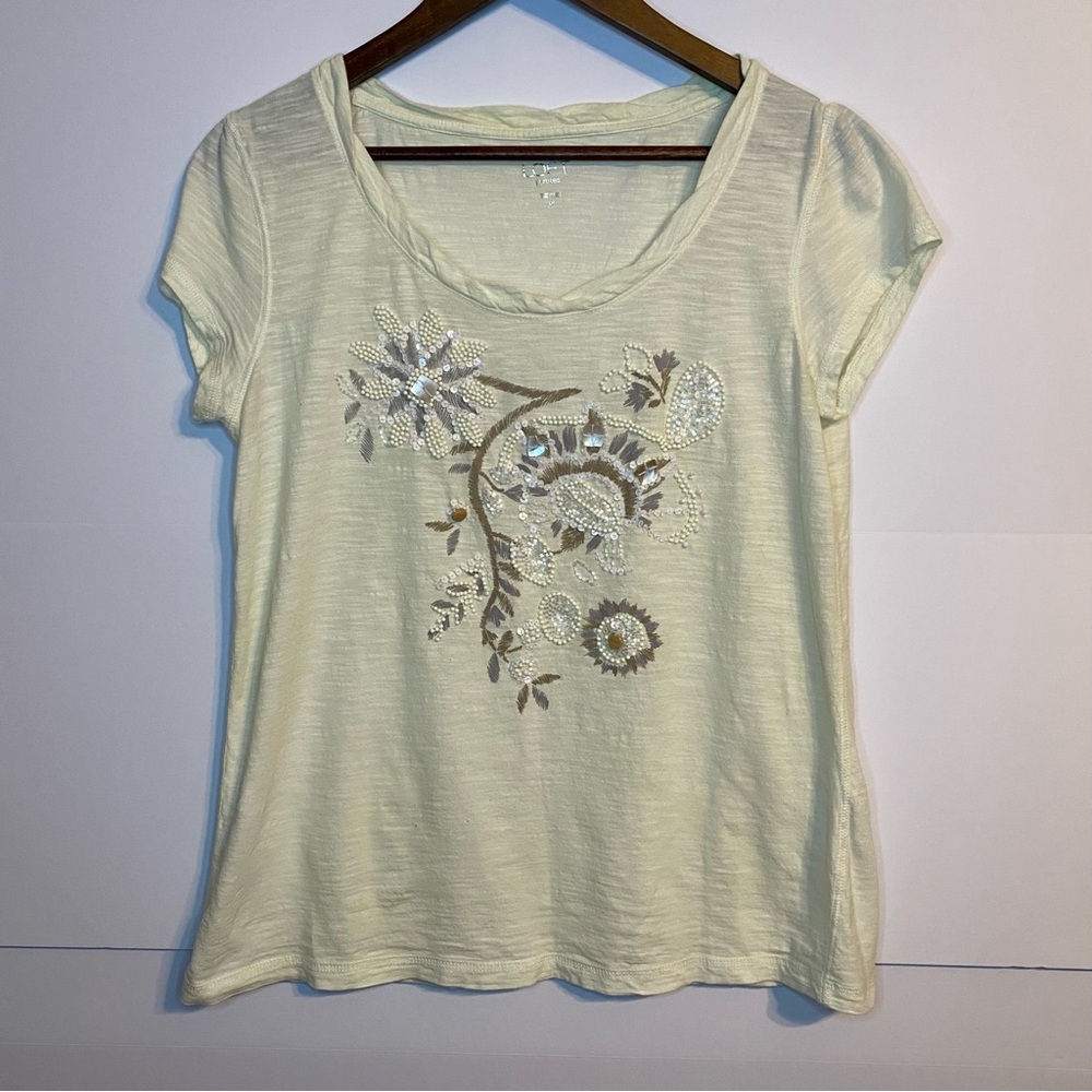 Ann Taylor Floral Embellished Beaded Cream Top Blouse Shirt Stretchy Size LP